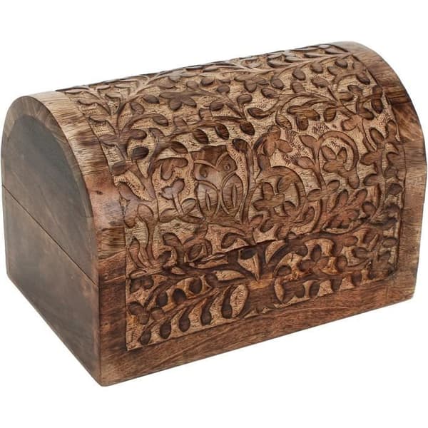 Ajuny indisk rustik design sittande uggla Livets träd Handgjord träsnideri Förvaringslåda för smycken 22,9x15,2 cm