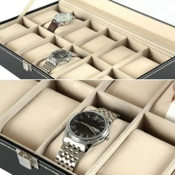 Fodral - Läder - Klockbox - Svart - Beige - 12 klockor