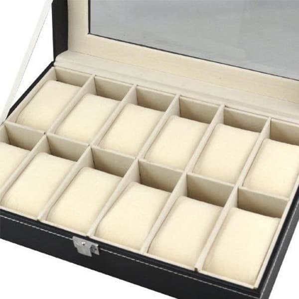 Fodral - Läder - Klockbox - Svart - Beige - 12 klockor