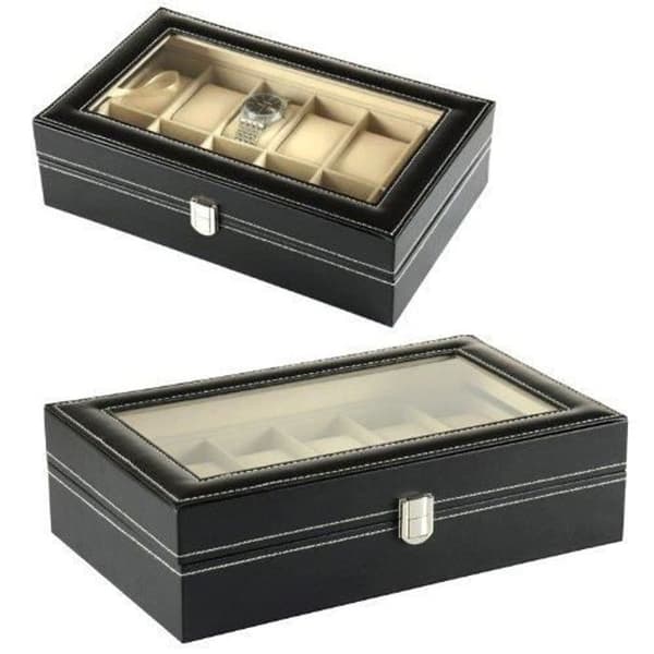 Fodral - Läder - Klockbox - Svart - Beige - 12 klockor