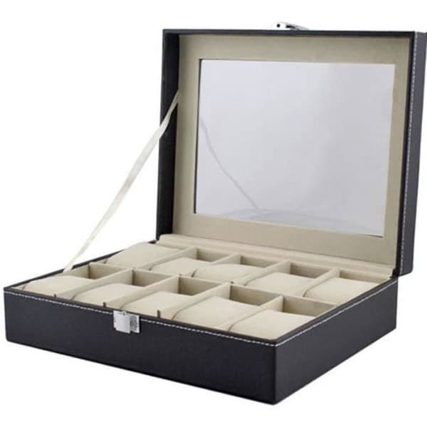 Klockbox - LESHP - För 10 klockor - Läderimitation - Svart