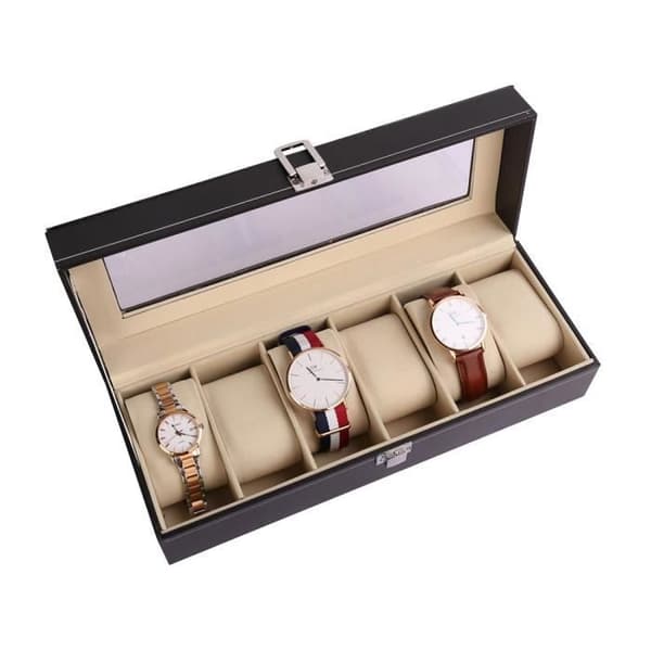 Klockbox - Obox - Elegant svart - PU-läder - 6 utrymmen - Mått 30x11x8 cm