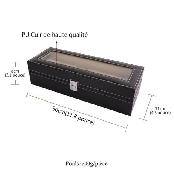 Klockbox - Obox - Elegant svart - PU-läder - 6 utrymmen - Mått 30x11x8 cm