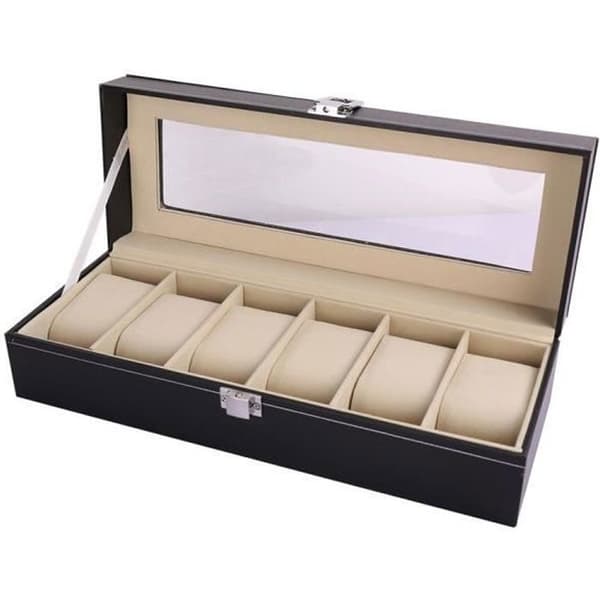 Klockbox - Obox - Elegant svart - PU-läder - 6 utrymmen - Mått 30x11x8 cm