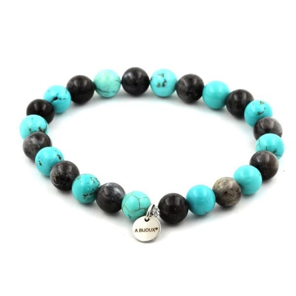 Stenar och mineraler. Labradorite + Turquoise Beads Armband 8 mm. Tillverkad i Frankrike.