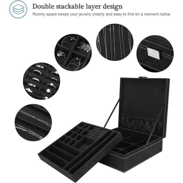 Smyckeskrin 2-vånings smyckeskrin, kosmetikaskrin för örhängen, armband, ringar, halsband - svart