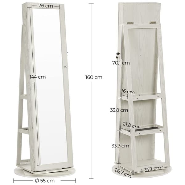 3-i-1 vridbart smyckesskåp på ben med stor spegel och hyllor - H160 cm