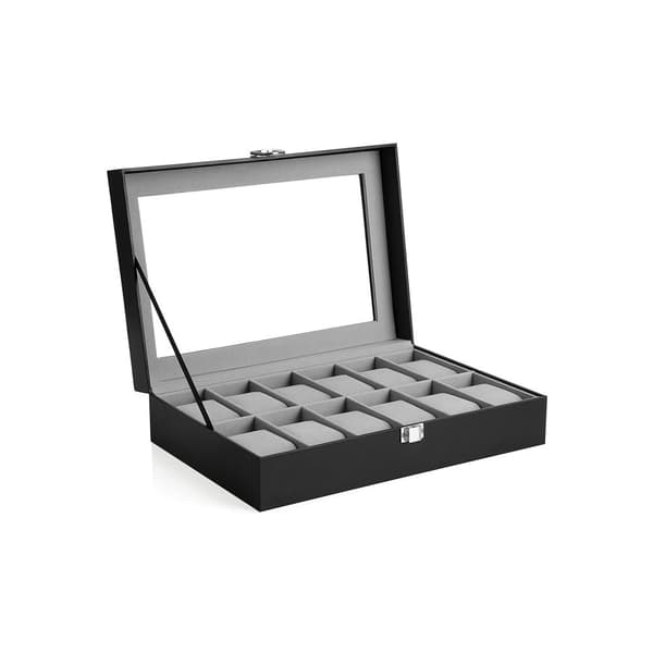 Watchbox - 12 ure - glaslåg - sort