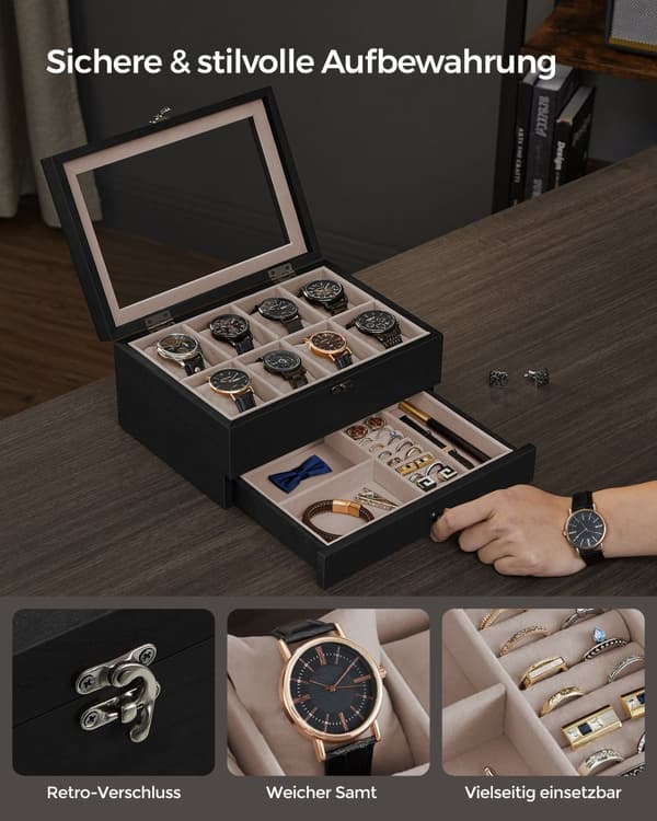 Watch Box - 8 rum - sort massivt træ