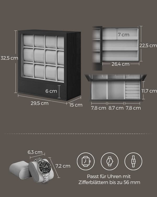 Rootz Watch Box - Ur Organizer - Ur Display Case - Massiv træfiner - 15 cm x 29,5 cm x 32,5 cm
