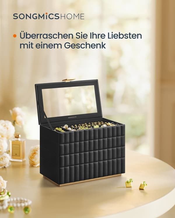 Smyckeslåda med spegel och 4 nivåer bläck svart