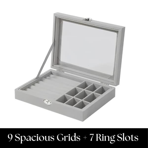 Smyckeskrin med Glaslock - 9 Fack + 7 Ringplatser