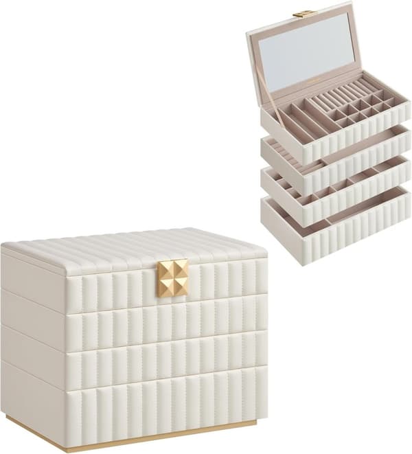 Smyckeskrin med Spegel, 4-lagers Smyckesförvaring, 17 X 28 X 20,5 Cm, Presentidé, Molnvit