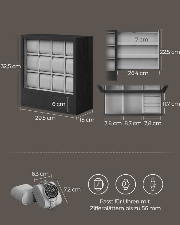 Klockbox, SONGMICS, 15x29,5x32,5 cm, Ebenholtsvart.