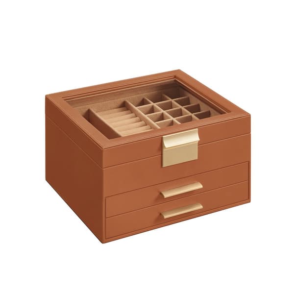 Smyckeskrin, Glaslock, 20,3x23,1 cm, Vit, Karamellbrun-Guld