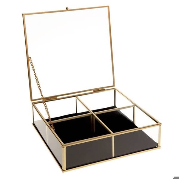 Smyckeslåda - ATMOSPHERA - Fyrkantig Guld i Glas och Sammet - 20 x 20 cm