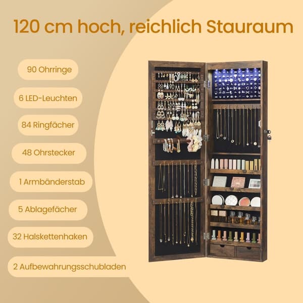 Hangend sieradenkastje, wandspiegel, 6 LED-lampen