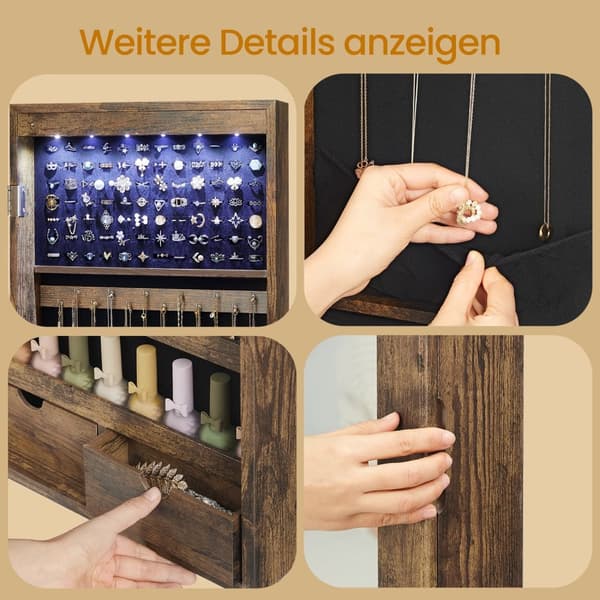Hangend sieradenkastje, wandspiegel, 6 LED-lampen