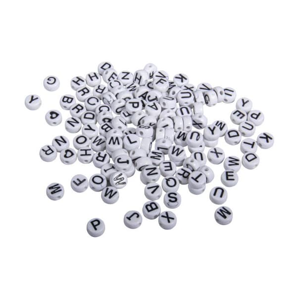Plastpärlor med bokstäver, 9mm ø, vit, rund, 40g