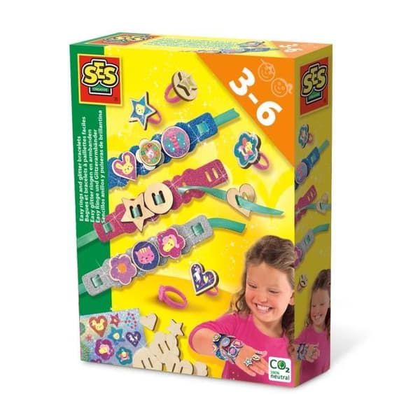 SES Creative Easy Glitterringar och armband, smycketillverkningssats för barn, 3 år