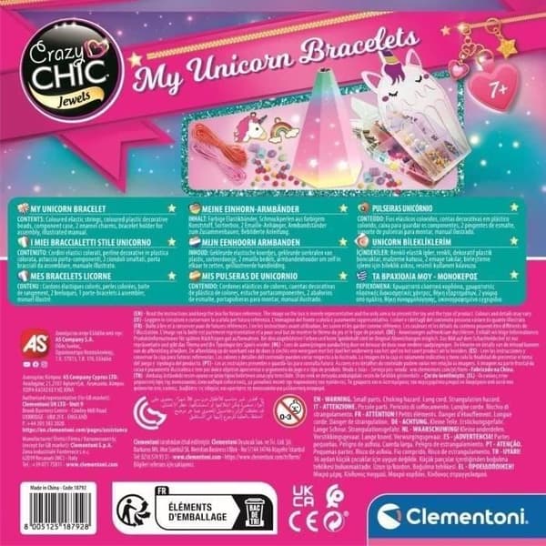 Clementoni - Crazy Chic - Unicorn kreativ låda - Skapa dina färgglada pärlarmband med berlocker och pompoms - från 7 år och uppåt