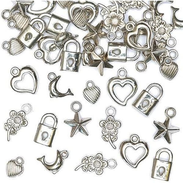 Lot om 90 silverberlocker - Perfekt för att göra armband. Kreativa hobbyer för barn.