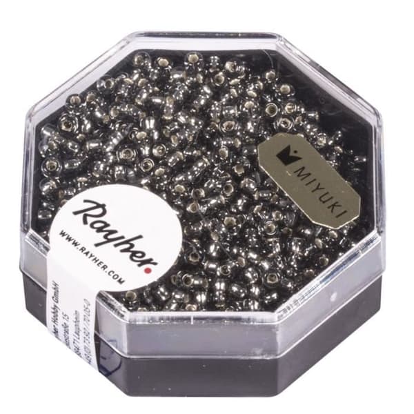 Premium - rocailles, 2,2 mm ø, grå silver, box 12 g, med silverinredning