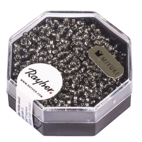 Premium - rocailles, 2,2 mm ø, grå silver, box 12 g, med silverinredning