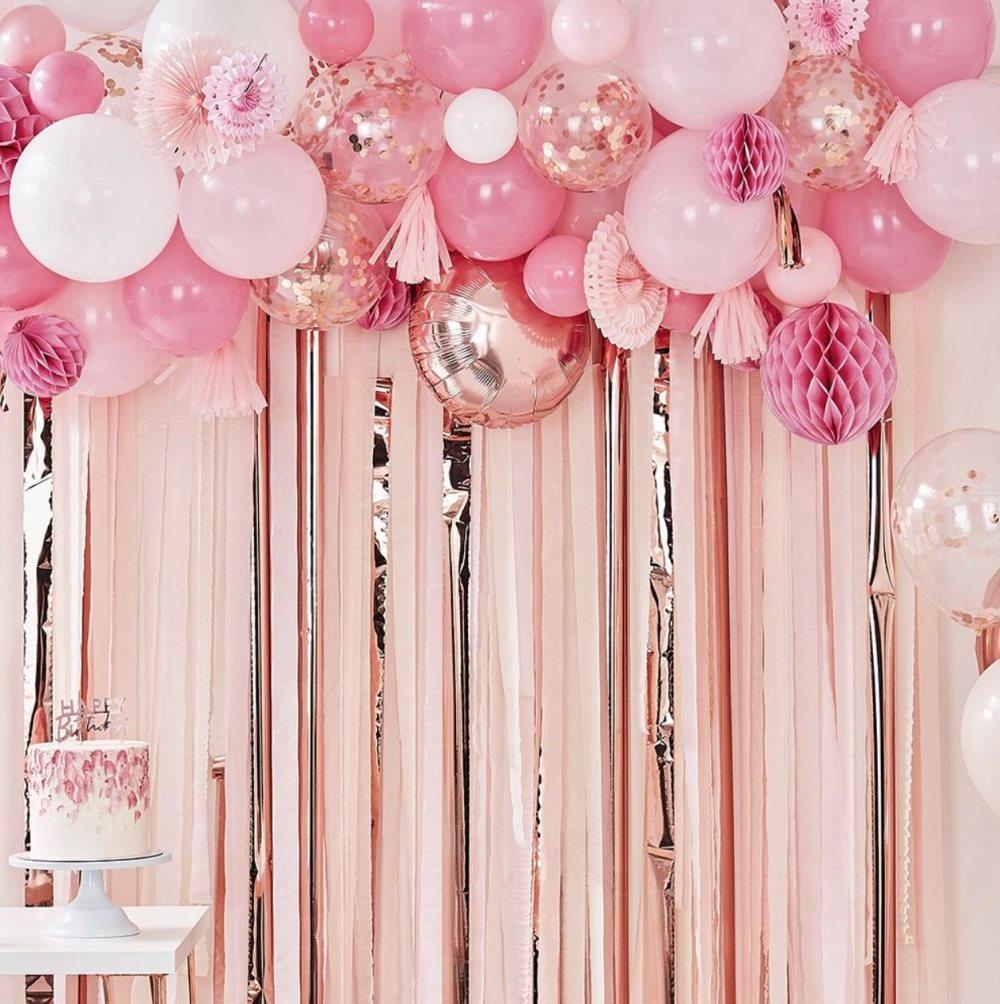 Backdrop Ballonger & Pappersfjädrar - Vit Rosa Roséguld