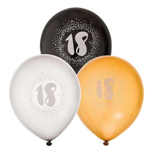 6-Pack Ballonger - 18 år - Svart/Silver/Guld