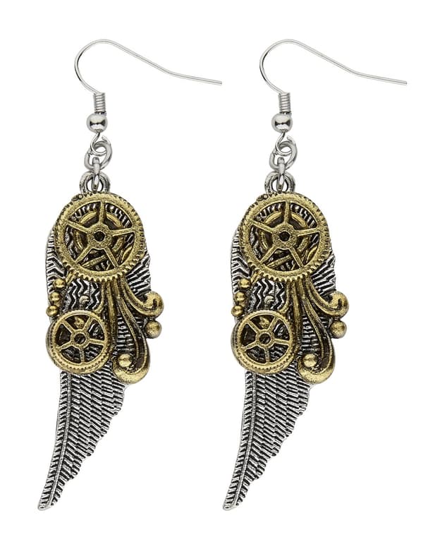 Steampunk tannhjul og fjær øredobber for voksne.Size-One size