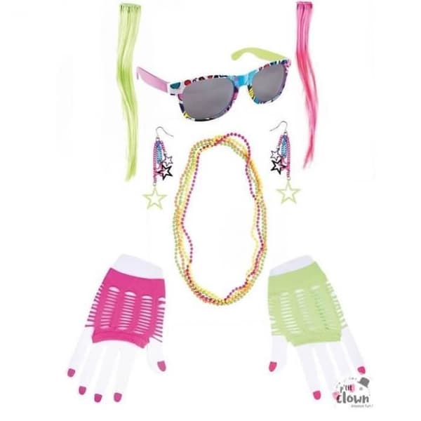 Kit med tillbehör 80-tal/disco i fluorescerande regnbåge - PTIT CLOWN - REF/50561 - Vuxen - 2 års garanti