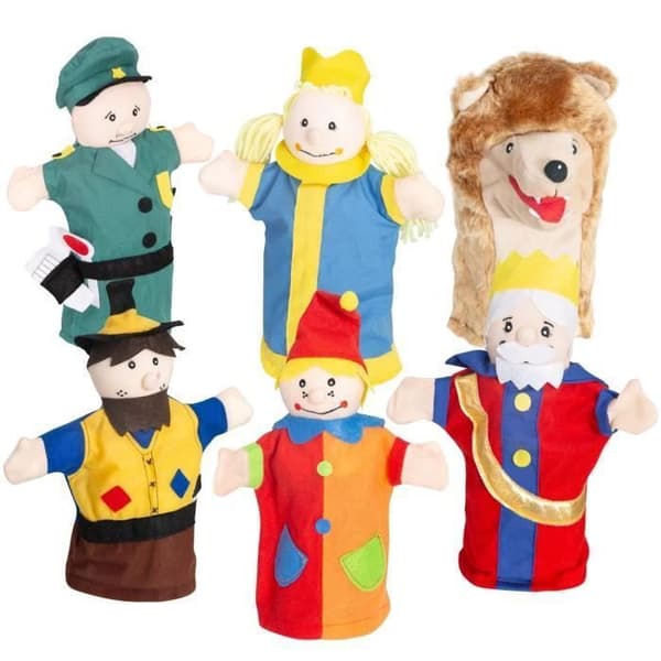 ROBA Trämarionetteater i massiv trä och tyg + 6 handdockor