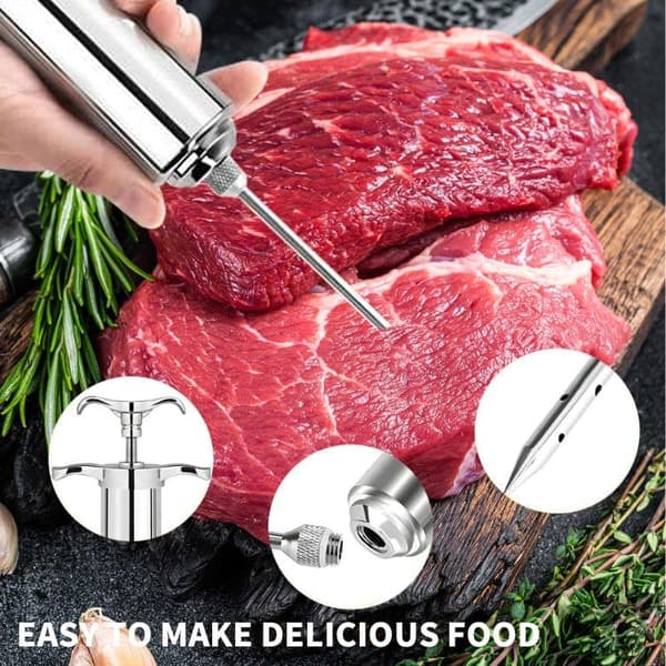 OBOSOE Marinadspruta i rostfritt stål – Köttspruta med 3 nålar för BBQ, grill, stek och marinad
