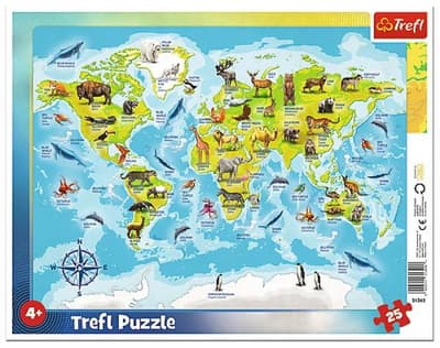 Puzzle 25el ramkowe Mapa świata ze zwierzętami 31340 Trefl
