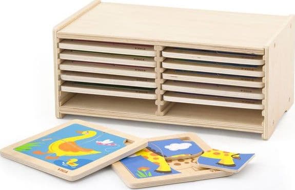 Trepuslespill 12 brett med 4 puslespill i et Viga Toys stativ