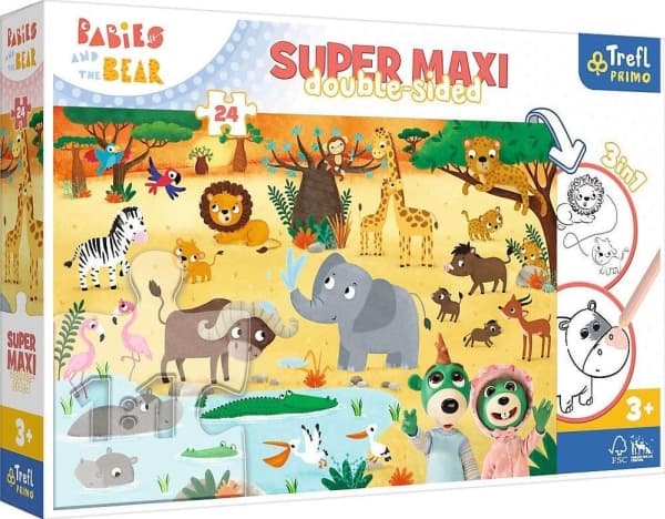 Trefl Dobbeltsidig puslespill 24 deler Super Maxi Babies on safari 3in1