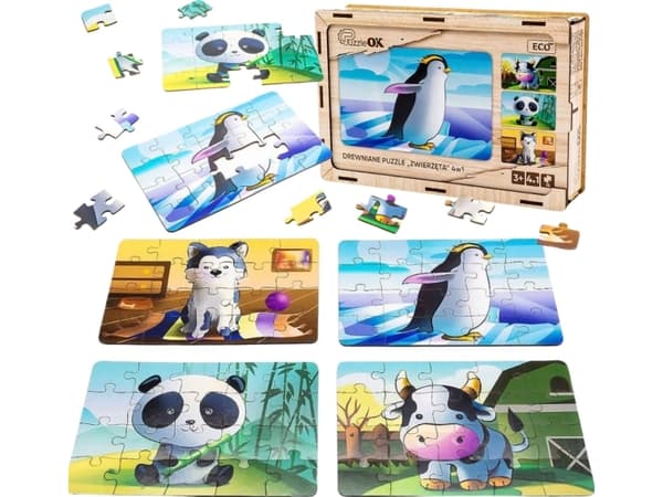 PuzzleOK Trepuslespill 4in1 Dyr Puslespill Kuhund Pandapingvin