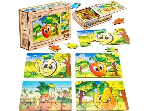 PuzzleOK puinen palapeli 4in1 hedelmäpalapeli ananas päärynä sitruuna omena
