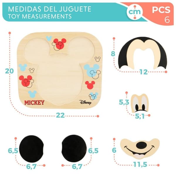 Børne Puslespil af Træ Disney Mickey Mouse + 12 måneder 6 Dele (12 enheder)