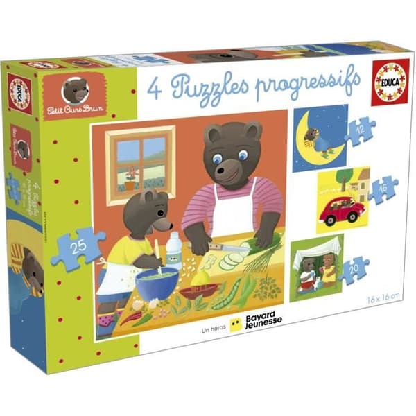 Pussel - EDUCA - Little Brown Bear: 4 progressiva pussel för barn i åldern 12 till 25 bitar för 3-åringar