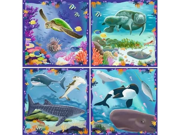Puzzle UP! merieläimet Ravensburgerilta, 12004004 - 4 palapeliä, joissa on 64, 72, 81, 90 palaa yhdisteltäväksi ja joissa on ylimääräisiä palapelejä
