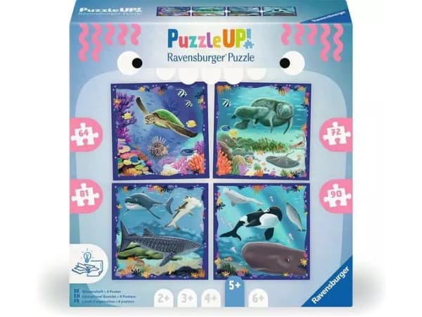 Puzzle UP! merieläimet Ravensburgerilta, 12004004 - 4 palapeliä, joissa on 64, 72, 81, 90 palaa yhdisteltäväksi ja joissa on ylimääräisiä palapelejä
