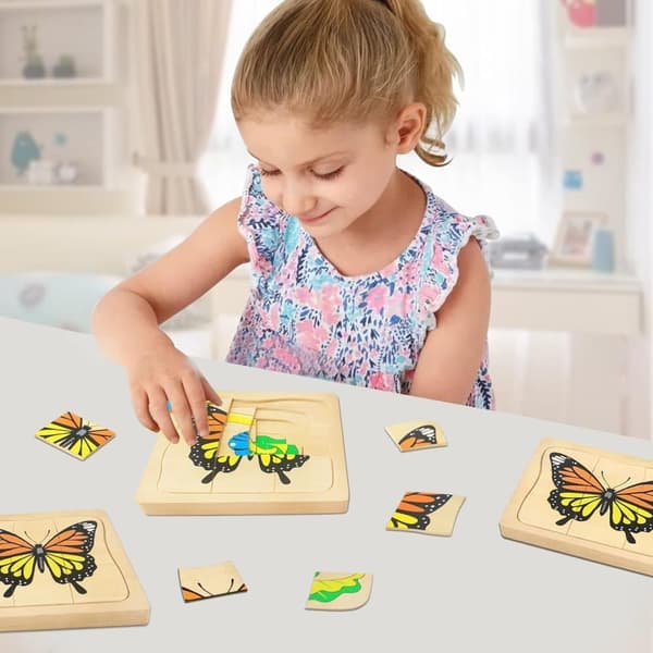 OBOSOE Montessori træ puslespil til børn, 4 lag livscyklus af sommerfugl puslespil legetøj, børn førskole læring uddannelsesmæssig