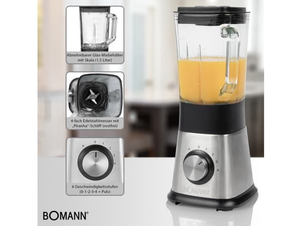 Bomann UM 1374 CB, Bord juicepresse, 1,5 l, Pulsfunksjon, Isknusing, 650 W, Sort, Rustfritt stål