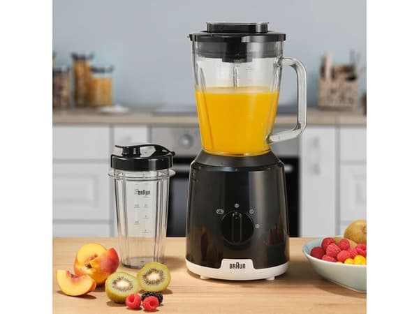 Braun JB1051BK Household PowerBlend 1 stativblandare med 1,5 liters mixerkanna i glas inkl. to-go-kopp, köksassistent för hackning, puré och mixning,
