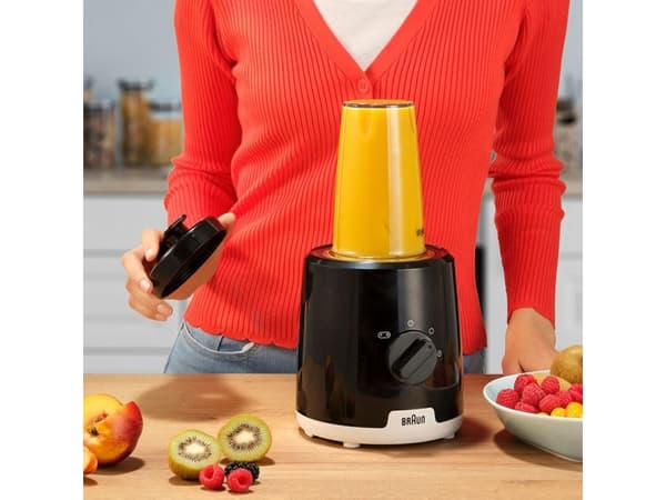 Braun JB1051BK Household PowerBlend 1 stativblandare med 1,5 liters mixerkanna i glas inkl. to-go-kopp, köksassistent för hackning, puré och mixning,