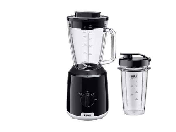 Braun JB1051BK Household PowerBlend 1 stativblandare med 1,5 liters mixerkanna i glas inkl. to-go-kopp, köksassistent för hackning, puré och mixning,