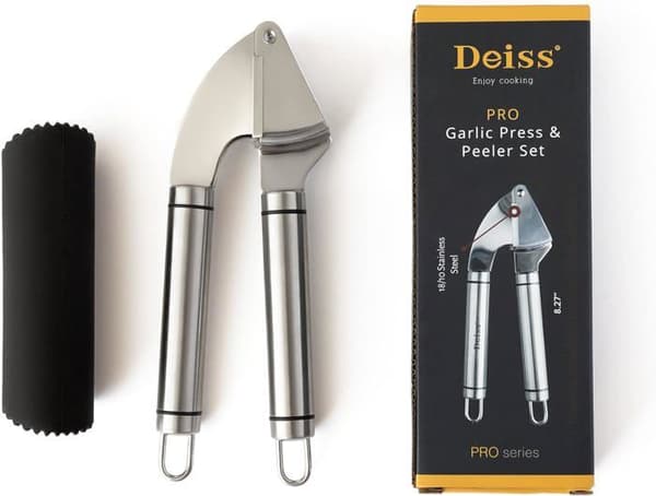 Deiss PRO Professionell vitlökspress i rostfritt stål och vitlöksskalare i silikon