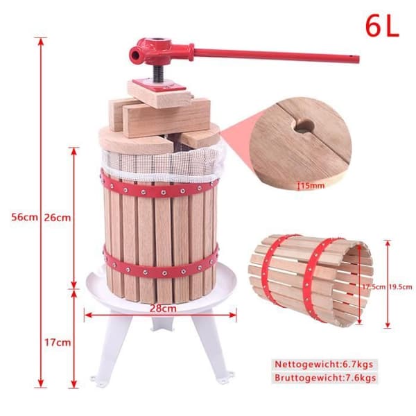 XMTECH Fruktpress, Manuell Citrus 6 L i Trä, inkl. handduk för vinfruktpress ek äppelcider